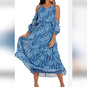 Mila Mae,NWT, Ruffle Cold Shoulder Tiered Dress, Blue Abstract,Medium